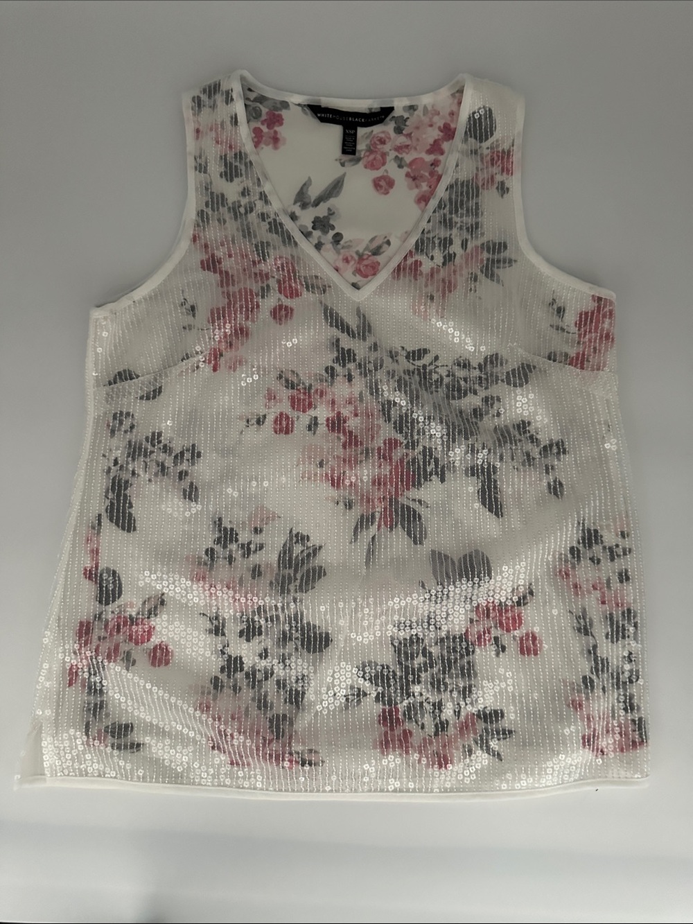 WHBM Sleeveless White V-Neck Sequin Tank with Pink Floral Print